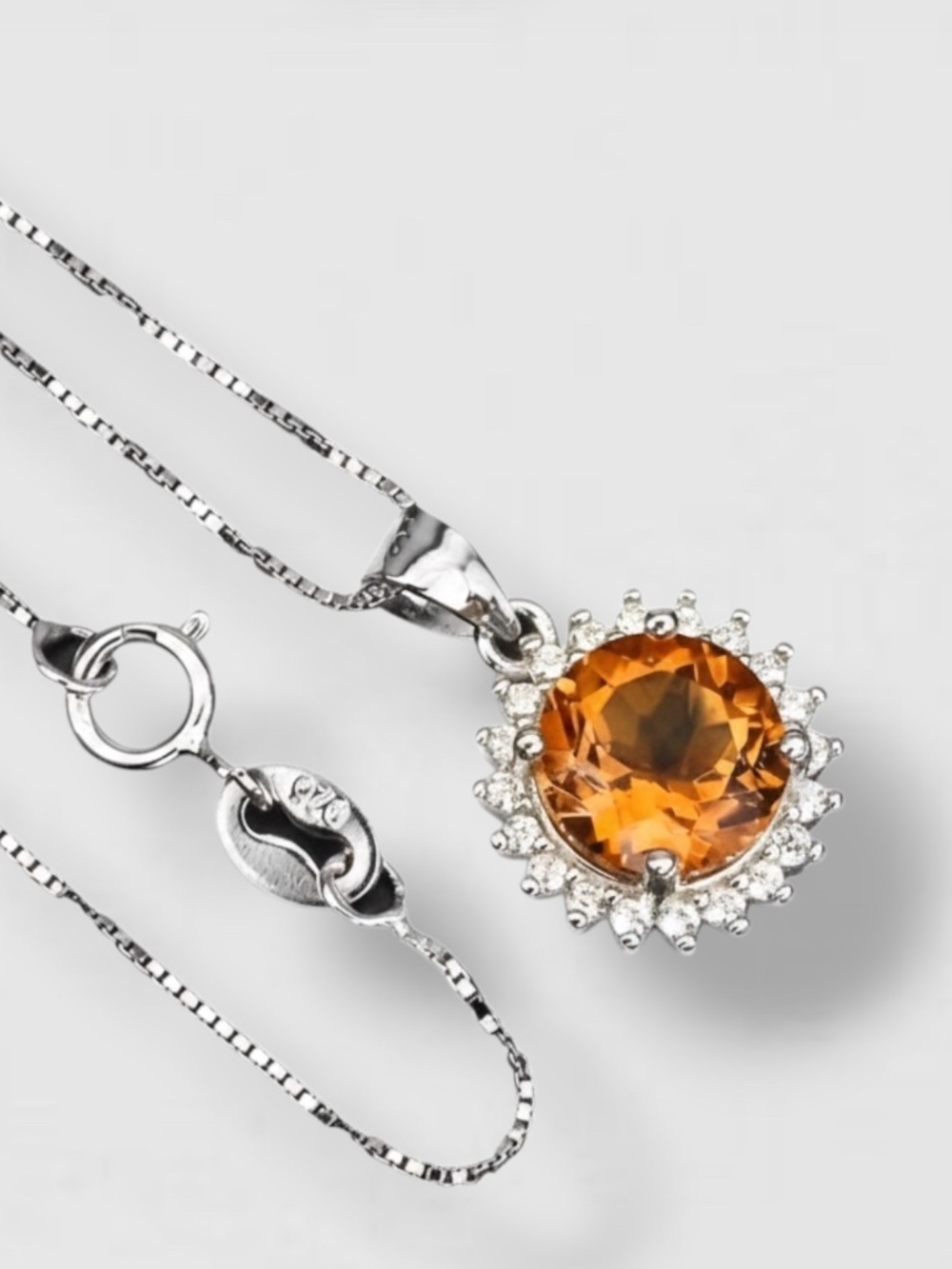Necklace Round Citrine 8mm Simulated Cz 925 Sterling Silver